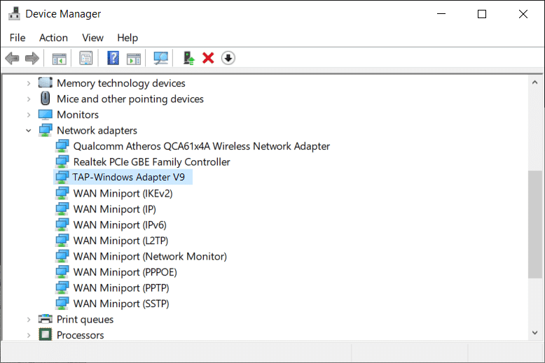 TAP-Windows V9 アダプターを見つけて、感嘆符があるかどうかを確認します。