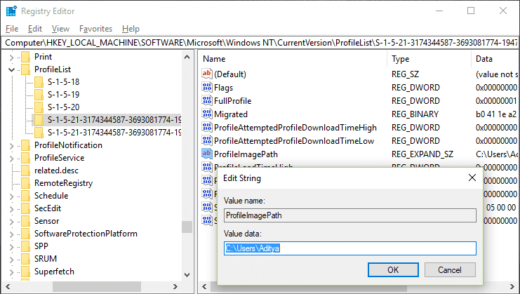 ProfileImagePath サブキーを見つけて、その値を確認します。これは、ユーザー アカウントである必要があります。