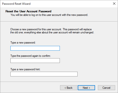 新しいパスワードを入力してヒントを追加し、[次​​へ]をクリックします。  Windows 10 でパスワード リセット ディスクを作成する方法
