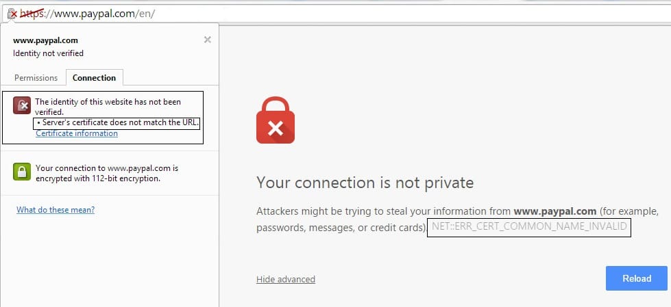 Google Chrome サーバー証明書が URL の修正と一致しません