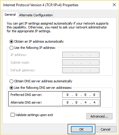 Google DNS を使用してエラーを修正する