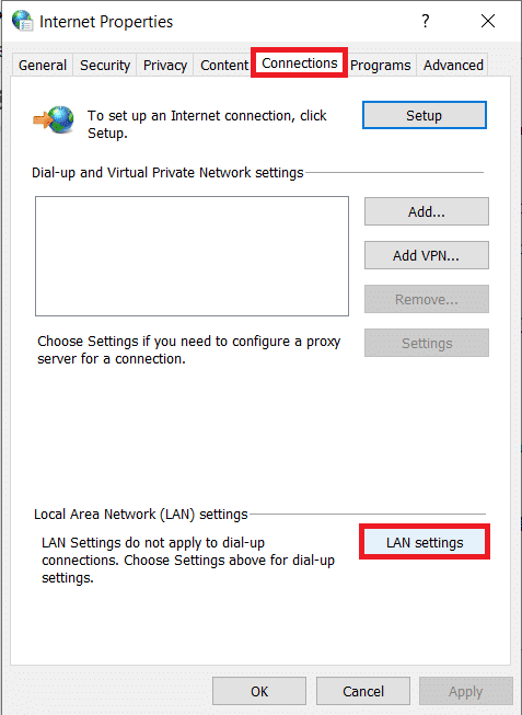 [接続]タブに移動し、[LAN 設定]をクリックします。  Windowsストアエラーコード0x803F8001を修正