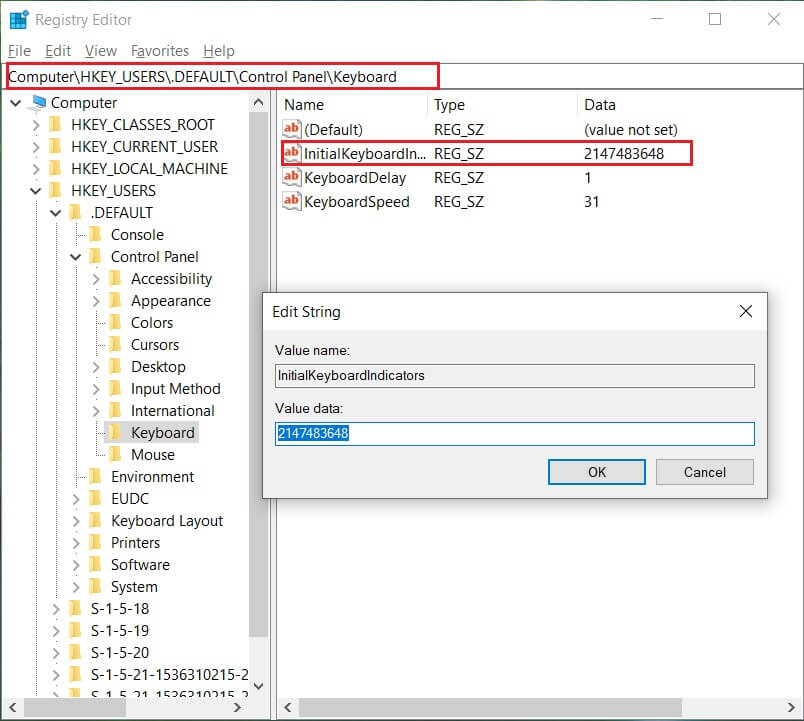 InitialKeyboardIndicators キーをダブルクリックし、その値を 2147483648 | に変更します。  Windows 10 で起動時に Num Lock を有効にする方法