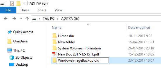 WindowsImageBackup の名前を WindowsImageBackup.old に変更し、Enter キーを押します。
