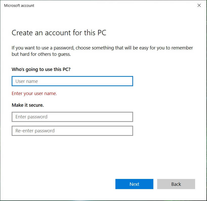 新しいアカウントのユーザー名とパスワードを入力し、[次へ]をクリックします。