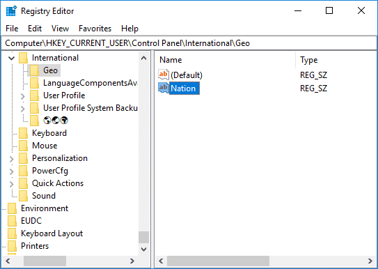 International に移動し、Registry の Geo に移動してから、Nation String をダブルクリックします。