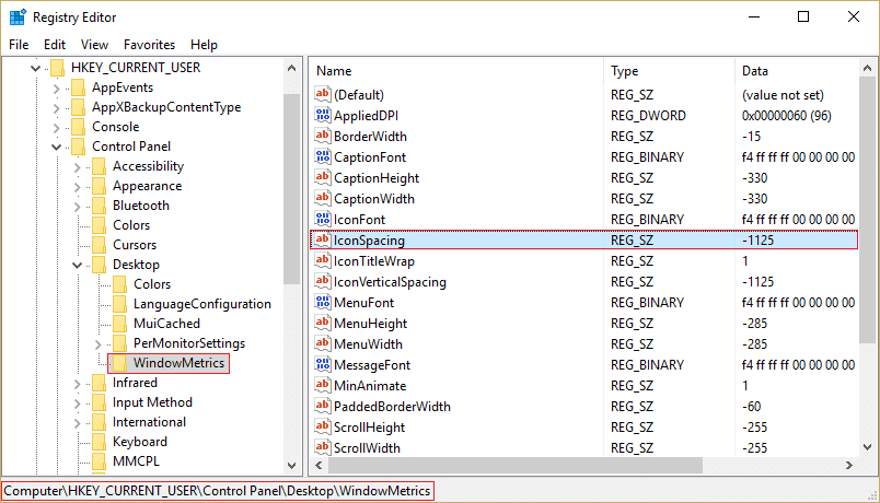 WindowMetrics で、IconSpcaing をダブルクリックします。