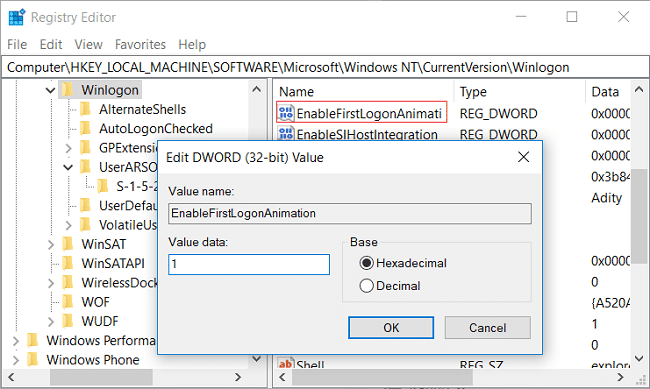EnableFirstLogonAnimation DWORD をダブルクリックし、その値を