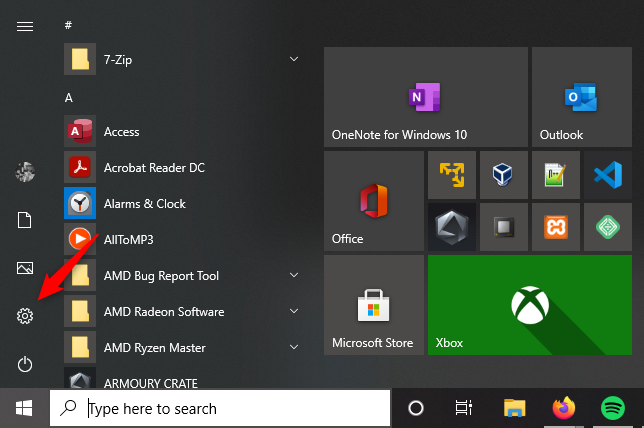 Windows 10 の[スタート メニューの設定]ボタン