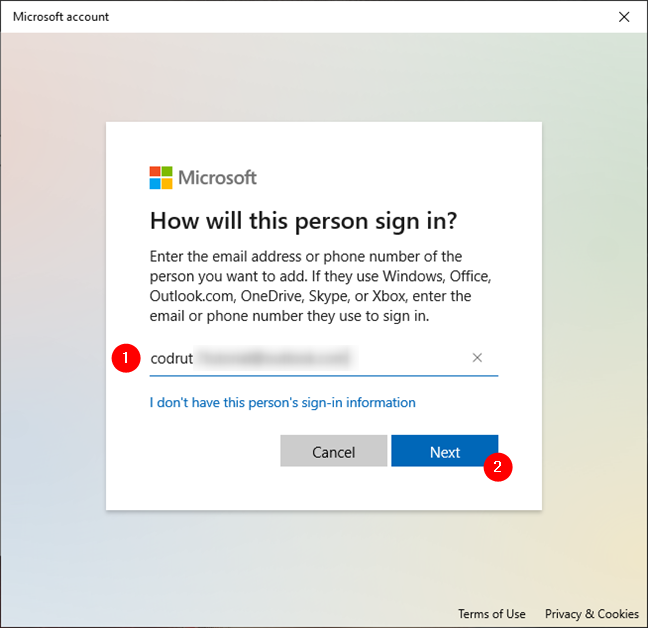 Microsoft アカウントを Windows 10 に追加するために必要な詳細を入力します