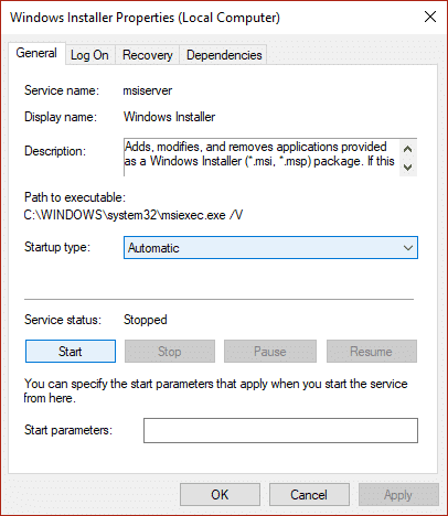 Windows インストーラーのスタートアップの種類が[自動]に設定されていることを確認し、[開始]をクリックします。
