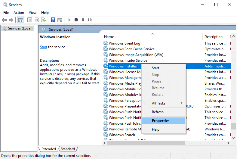 Windows インストール サービスを右クリックし、[プロパティ]を選択します。