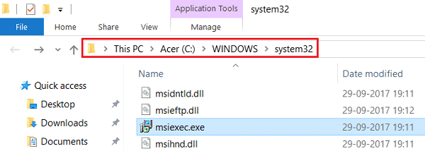 System 32 フォルダー内の msiexec.exe ファイルの正確なアドレスを書き留めます。