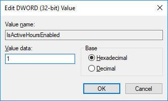 Windows Update のアクティブ時間を無効にするには、IsActiveHoursEnabled の値を 1 に設定します。