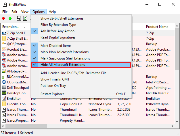 [ShellExView ですべての Microsoft 拡張機能を非表示にする]をクリックします。