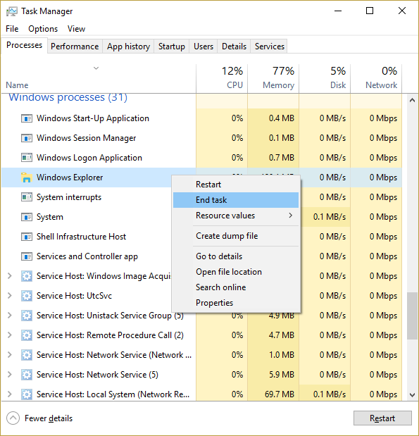 Windows エクスプローラーを右クリックし、[タスクの終了]を選択します。