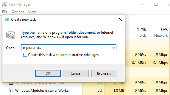 ファイルをクリックし、新しいタスクを実行してexplorer.exeと入力し、[OK]をクリックします