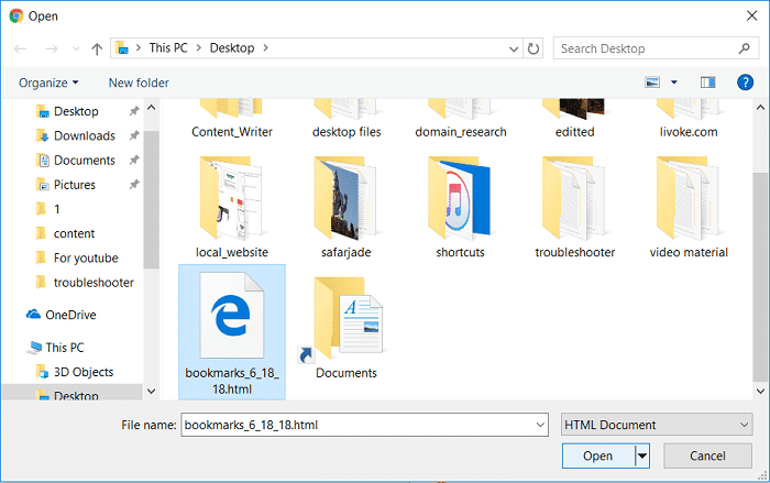 HTML ファイルの場所を参照し、ファイルを選択して[開く]|[開く]をクリックします。  Google Chrome でブックマークをバックアップおよび復元する