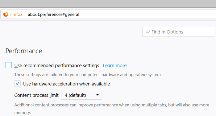 Firefox の設定に移動し、推奨されるパフォーマンス設定を使用するのチェックを外します