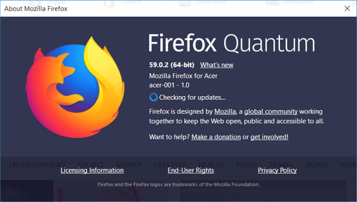 メニューで、[ヘルプ]、[Firefox について]の順にクリックします。