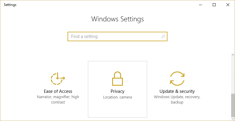 Windows の設定から、[プライバシー]を選択します。