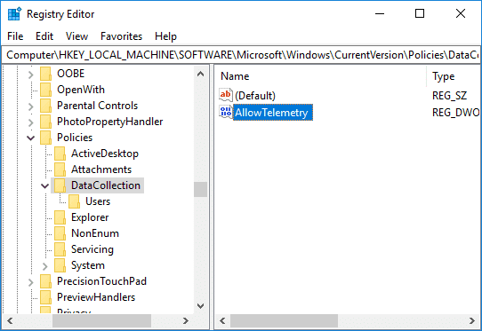 レジストリの DataCollection で AllowTelemetry DWORD に移動します。