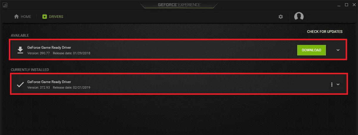 NVIDIA GeForce Experience コントロール パネルからドライバーを更新します。