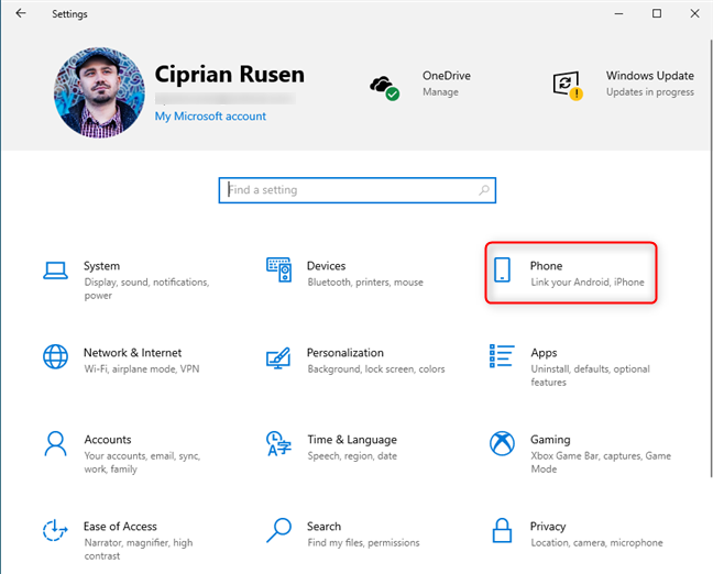 Windows 10 の設定で、[電話]に移動します。