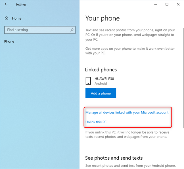 Windows 10 からの電話設定