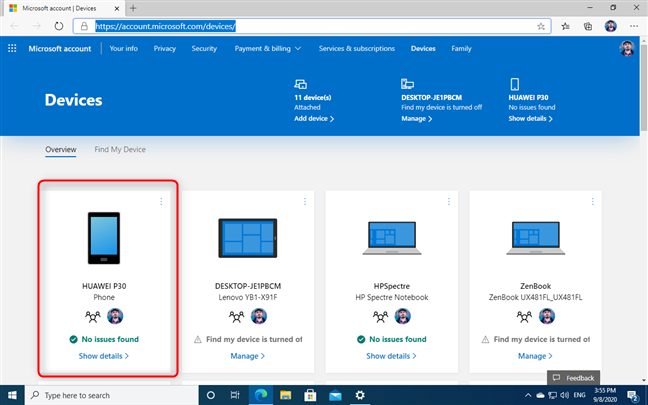 Microsoft アカウントのデバイスの一覧で電話を見つける