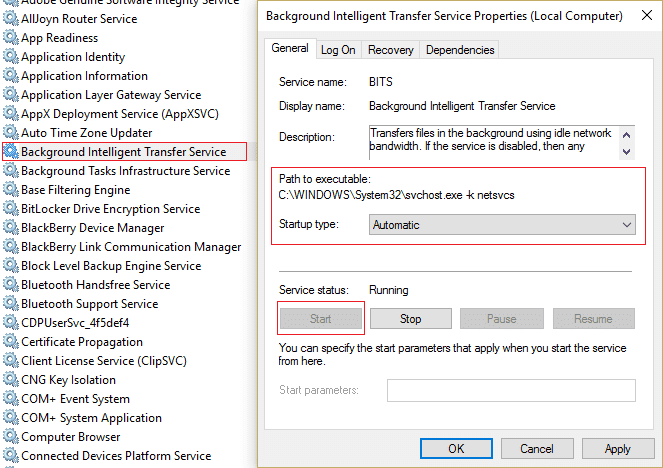 スタートアップの種類が自動に設定されていることを確認してください |  Windows 10 更新エラー 0x8007042c を修正