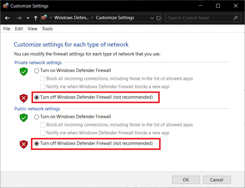 [Windows Defender ファイアウォールをオフにする (非推奨)]をクリックします。  Windows 10 更新エラー 0x8007042c を修正