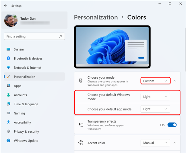 カスタム モードには、アプリと Windows 11 のオプションが含まれています