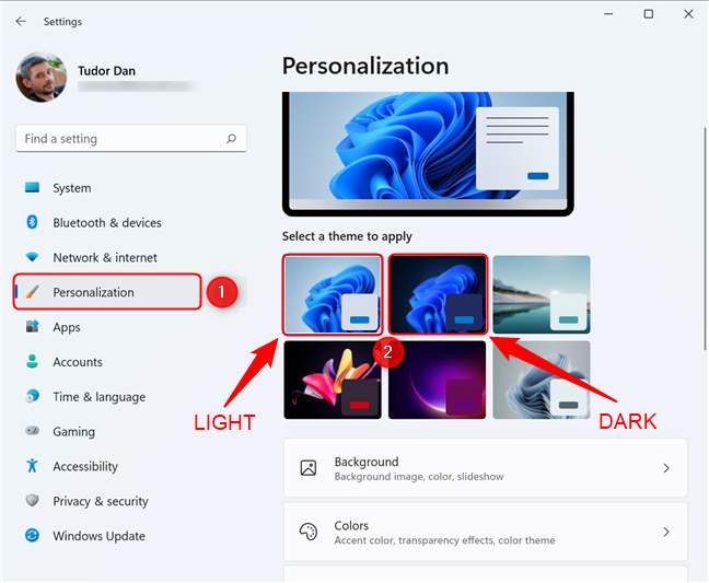 Windows 11 のライト モードとダーク モードのテーマ