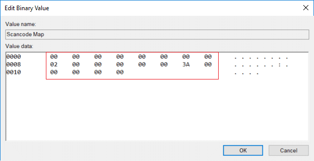 Scancode Map をダブルクリックし、caps lock を無効にするには、その値を