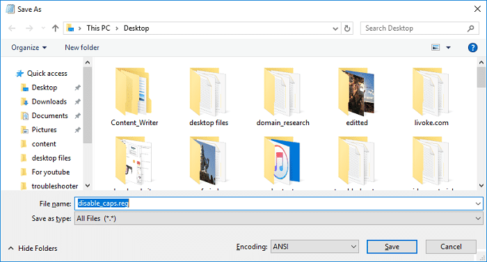 ファイル名として「disabled_caps.reg」と入力し、[ファイルの種類]ドロップダウン メニューから[すべてのファイル]を選択して、[保存]をクリックします。