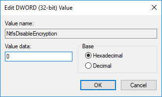 NtfsDisableEncryption DWORD 値を 0 に変更します