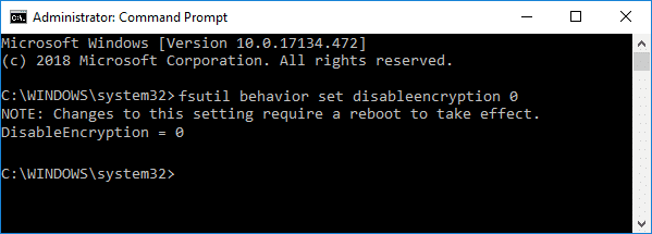 fsutil の動作は、disabledencryption 0 | を設定します。  Windows 10 で淡色表示されたデータを保護するためにコンテンツの暗号化を修正する