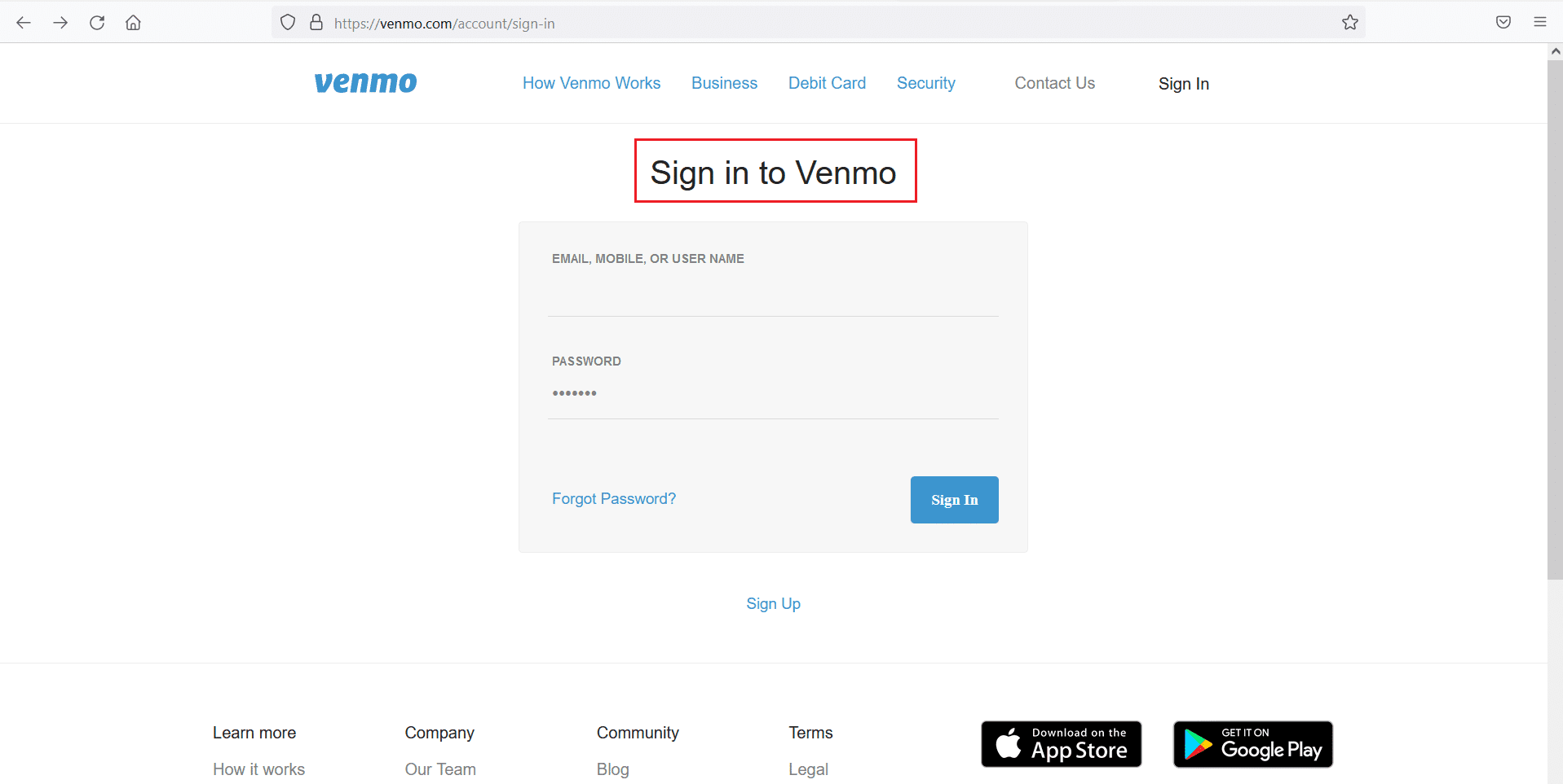 Venmo ログイン ページ。  venmo アカウントが永久に無効化されました
