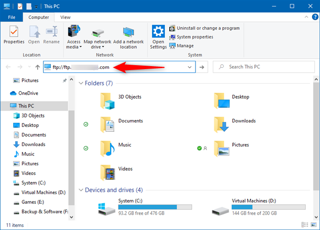 Windows 10 ファイル エクスプローラーで FTP サーバーのアドレスを入力します。
