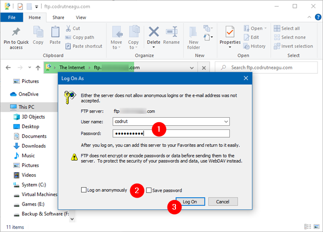 Windows 10 で FTP アカウントのユーザー名とパスワードを入力する