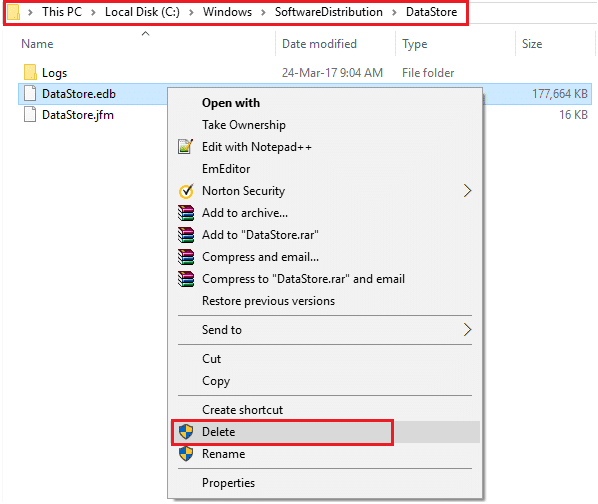 SoftwareDistribution の datastore.edb ファイルを削除します