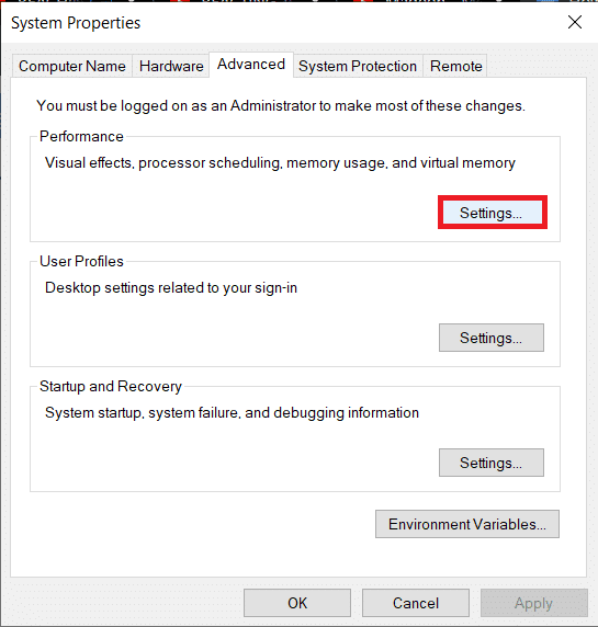 Windows 10 の[デスクトップ パフォーマンス/ドロップ シャドウをオフにする]アイコンの[設定...]ボタンをクリックします。