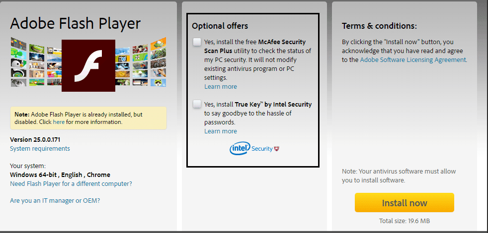 Adobe Flash Player Web サイトのプロモーション オファーのチェックを外します
