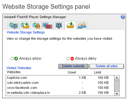 Adobe Flash Player Web サイト ストレージ設定パネル