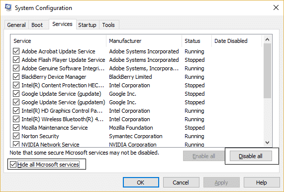 すべての Microsoft サービスを非表示にする