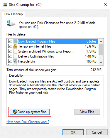 [説明]の下の下部にある[システム ファイルのクリーンアップ]をクリックします。 エラー 0x8007000e を修正する バックアップを避ける