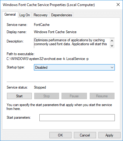 Windows フォント キャッシュ サービスのスタートアップの種類を[無効]に設定してください。