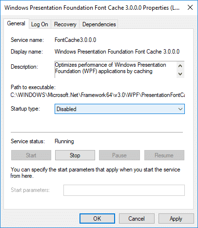 Windows Presentation Foundation Font Cache 3.0.0.0 のスタートアップの種類を[無効]に設定してください。