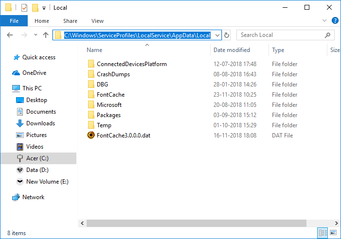 名前が FontCache で、拡張子が .dat のすべてのファイルを削除します。